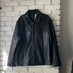 Dockers Black Leather Zip-Front Bomber Jacket collared relaxed fit